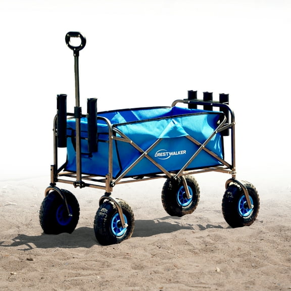 CRESTWALKER Foldable Fishing Cart with 10'' Rubber Tires and Rod Holders, Beach Wagon with Big Wheels for Sand