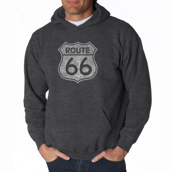 LA Pop Art Men's Word Art Hooded Sweatshirt - CITIES ALONG THE LEGENDARY ROUTE 66