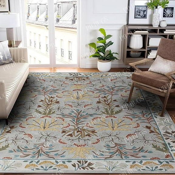 Adeline Tulips Gray 5' X 8' Area Rug Handcrafted Motif Floral Design Oriental Traditional Design Non-Shedding Fine Wool Pile & Easy-Care Areas in Living Room Bedroom