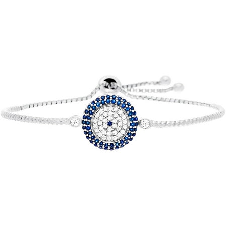Lesa Michele Blue and Clear Cubic Zirconia Sterling Silver Round Evil Eye Bracelet in Sterling Silver