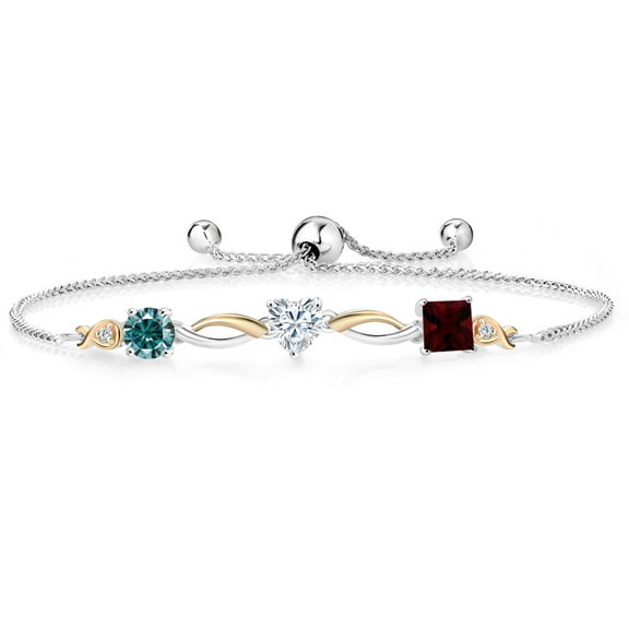 925 Silver and 10K Yellow Gold Blue Moissanite Near Colorless White Moissanite Red Garnet and Lab Grown Diamond Tennis Bracelet for Women By Keren Hanan (2.22 cttw, Adjustable up To 9 inch)