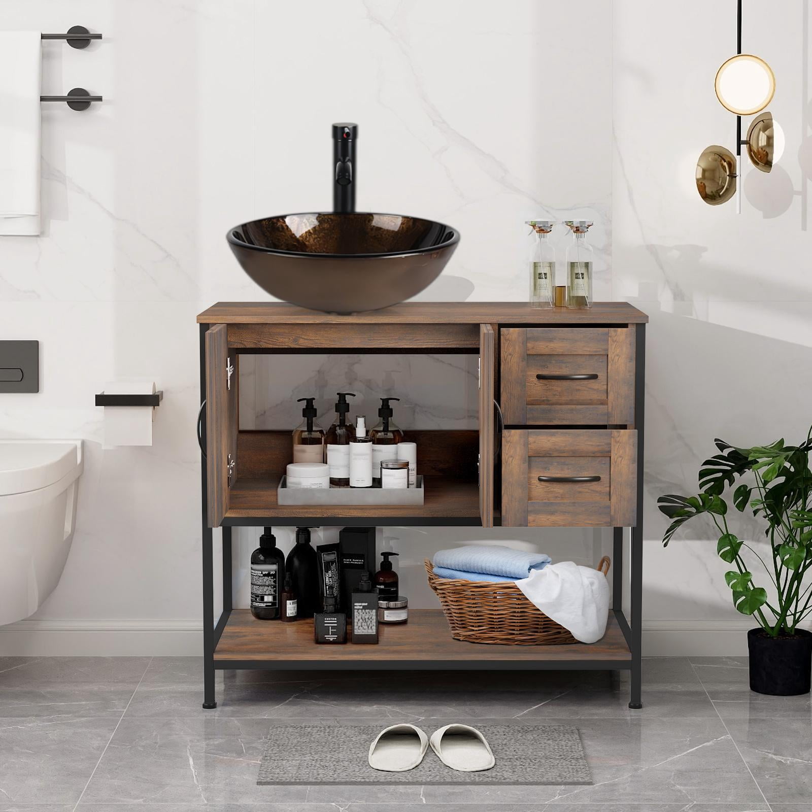 FULLWATT 36"Bathroom Vanity With Single Sink Combo, Modern Bathroom Sink Cabinet With 2 Drawers and a Tip-Out Drawer, Freestanding Bathroom Vanities with Ceramic Sink,Solid Wood Frame
