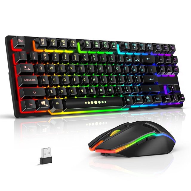 CHUANK Wireless Keyboard and Mouse 87 Keys Mechanical Feel Keyboard Mice Combo Anti-Ghosting Ergonomic Rechargeable W/ 2.4G Wireless Receiver RGB LED Backlight for Windows Computer PC