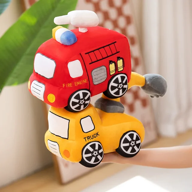 Excavadora de bomberos suave para niños y niñas, juguetes de peluche, camión de bomberos, almohada, muñeca, decoración del hogar, regalo de cumpleaños