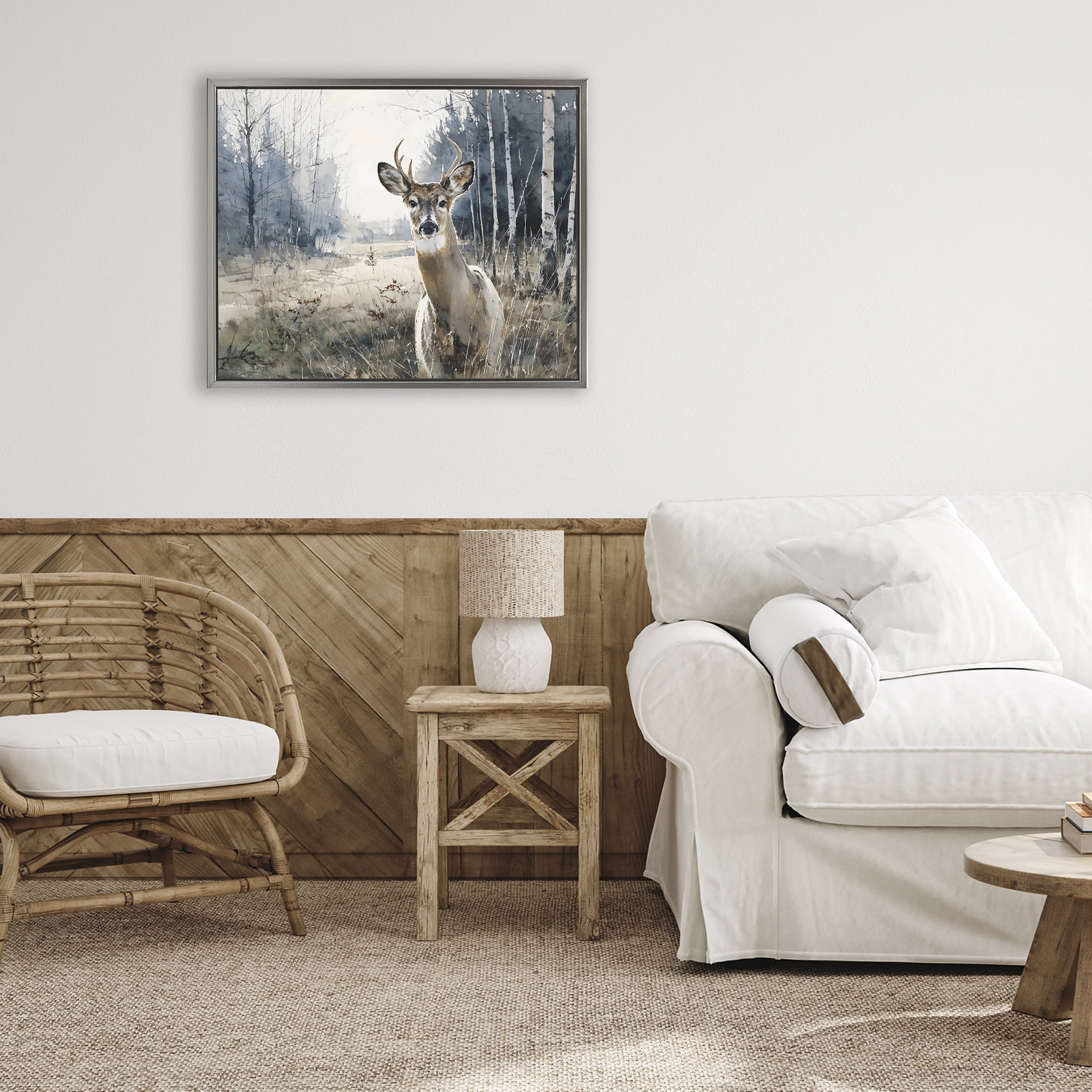 Stupell Industries Deer in Winter Wilderness Gray Framed Floater Canvas Wall Art, design by Franklyn Gregory