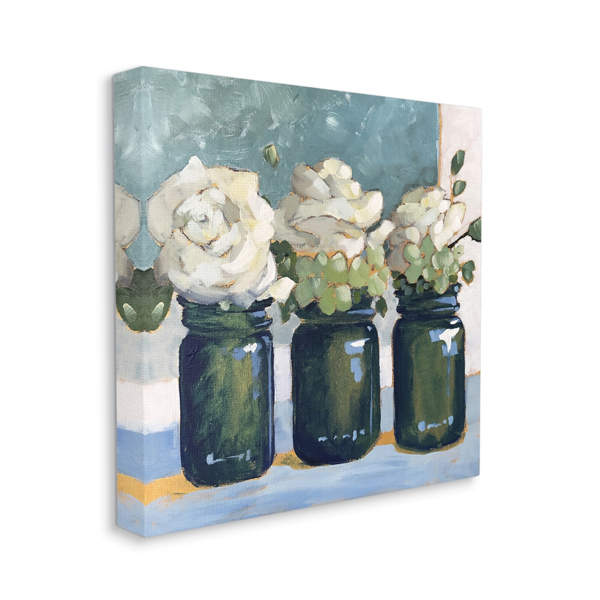 Stupell Industries White Roses Country Jars Painting Botanical & Floral Painting Gallery Wrapped Canvas Print Wall Art