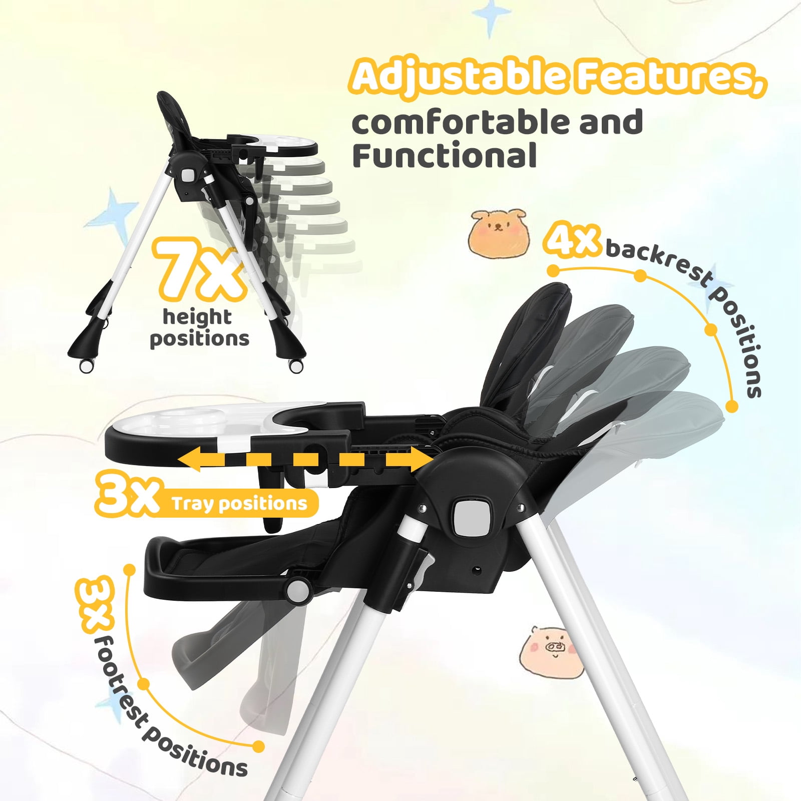 PEXMOR 4 in 1 Portable Baby High Chair, Convertible Foldable Highchair, Adjustable Height & Recline Positions, Black