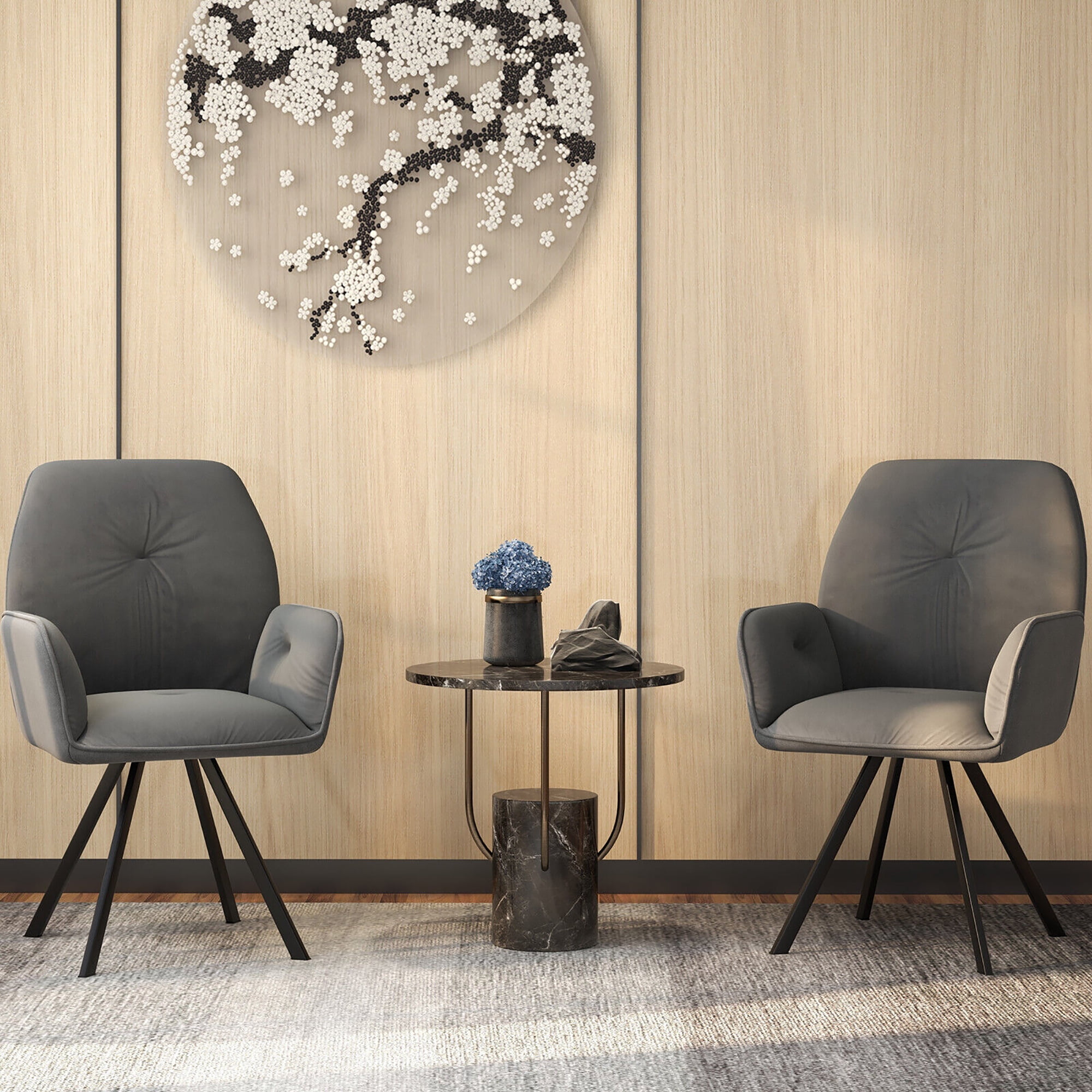 Gymax Set of 2 Velvet Accent Chairs Swivel Dining Armchairs w/ Back & Metal Legs Gray