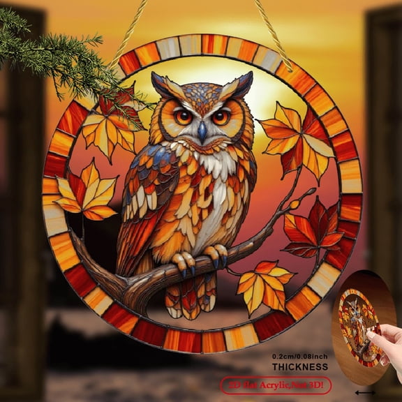2D Flat, 1pc Autumn Barn Owl  Maple Leaves Acrylic Suncatcher Contemporary Art Nouveau Wall Decor, Vibrant Fall Colors, No Electricity Needed, Nature-Inspired Window  Home 8*8inch