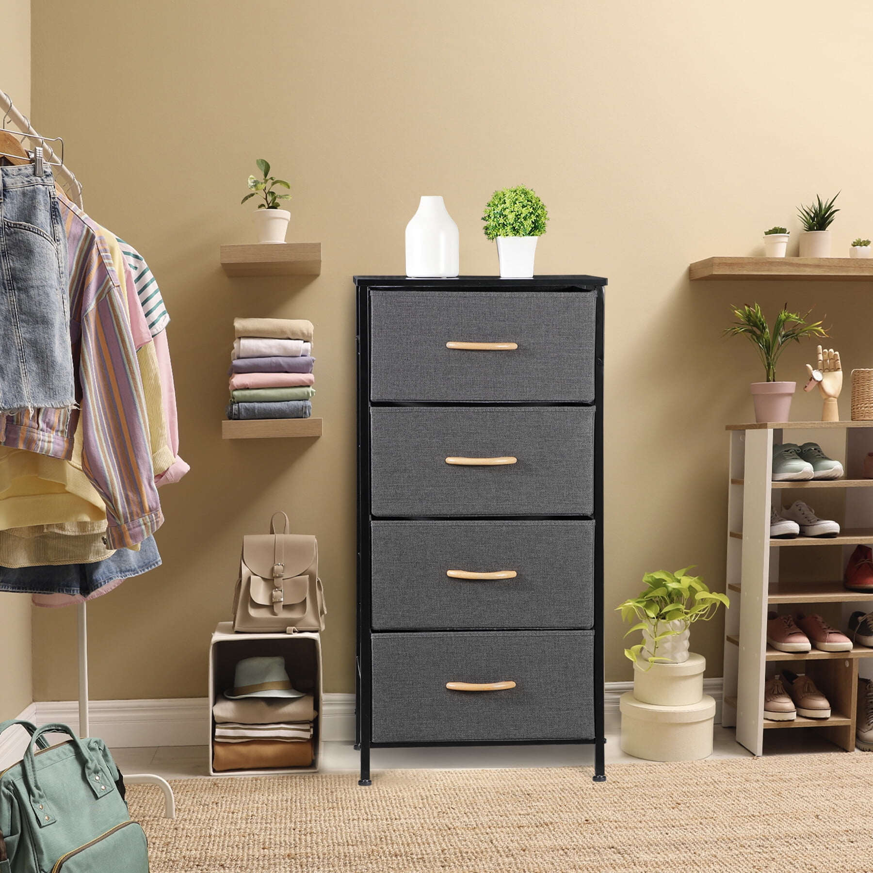 HomGarden 4 Drawer Storage Dresser Adult Kids Vertical Fabric Chest of Drawers Organizer Gray