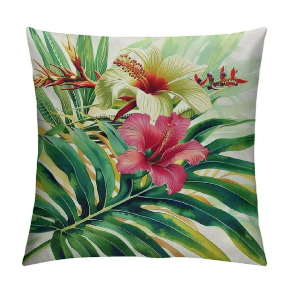 JRXY  Floral Throw Pillow Cushion Cover, Wild Tropical Orchid Flower Large Leaves Exotic Tropic Petals Picture, Decorative Square Accent Pillow Case, Fuchsia Forest Green White
