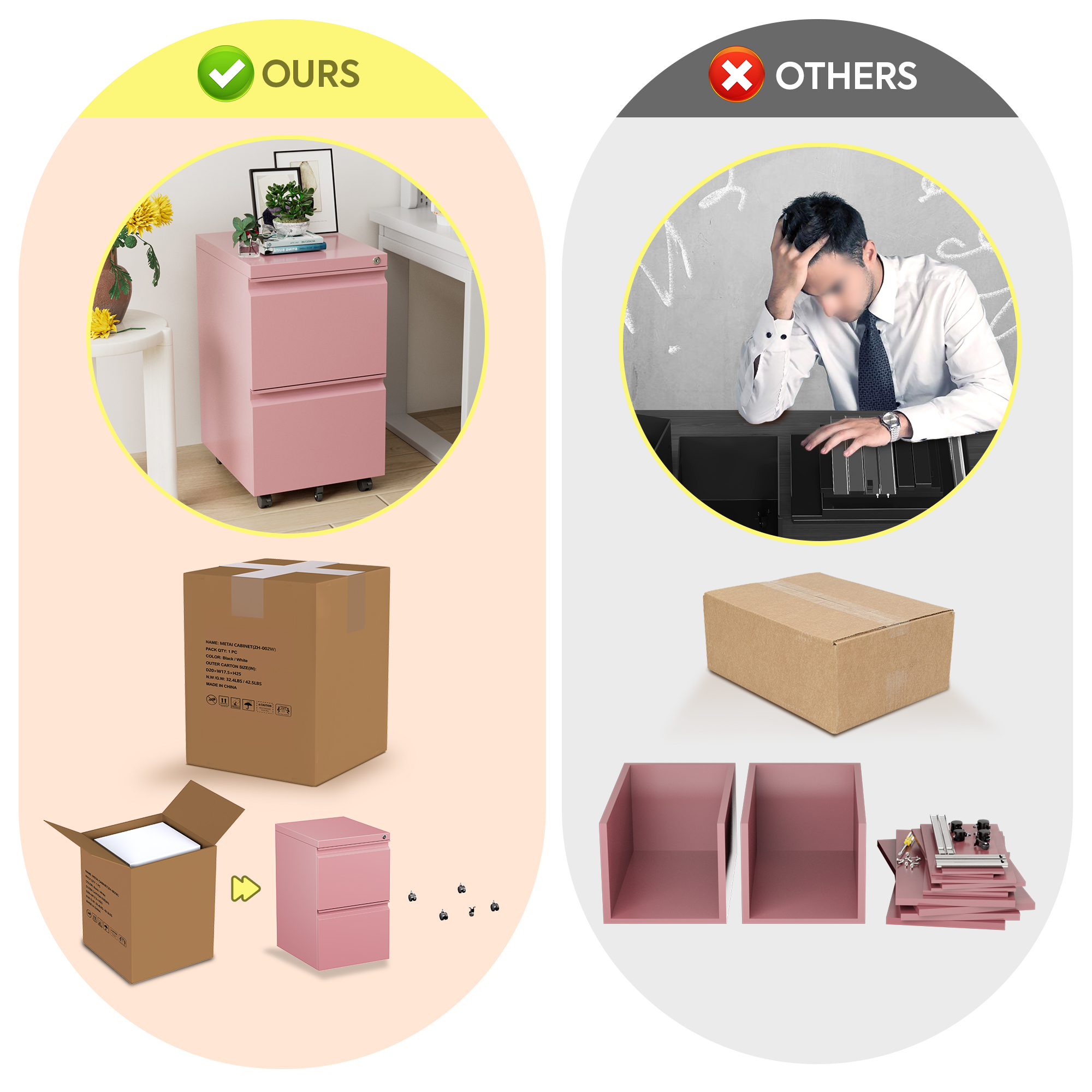 Gaeanet 2 Drawer Mobile File Cabinet, Lockable Metal Filing Cabinet with Wheels for Home Office, Legal/Letter Size,Pink,Fully Assembled Except Wheels