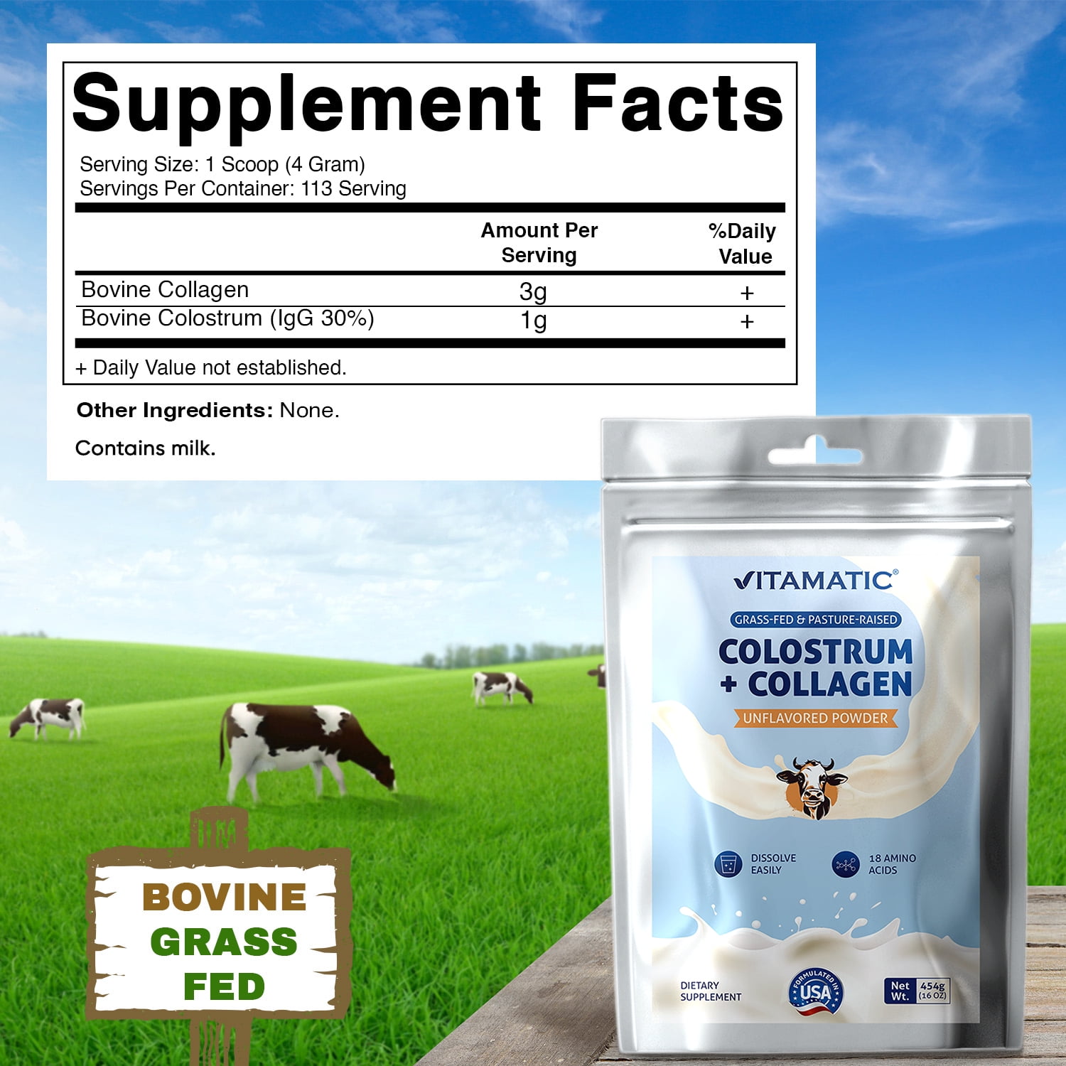 Vitamatic Bovine Colostrum + Collagen Powder - Supplement for Gut Health, Hair Growth, Beauty, Muscle Recovery, & Immune Support - Unflavored - 454 Gram, (16 oz)