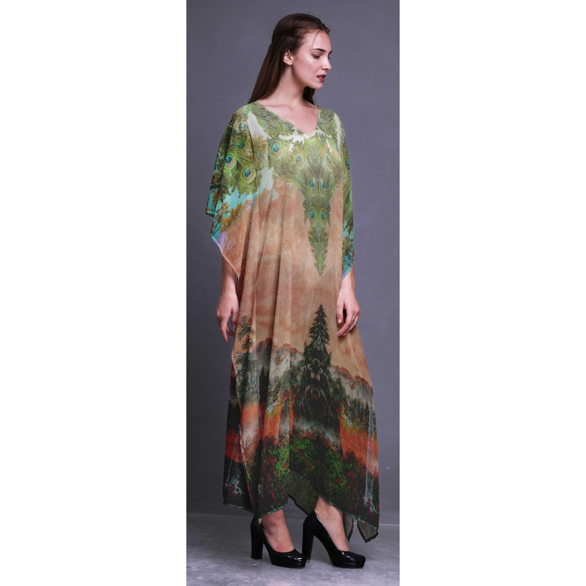 Phagun Kaftan de Plage Plume de Paon Robe Longue Caftan-4X-5X