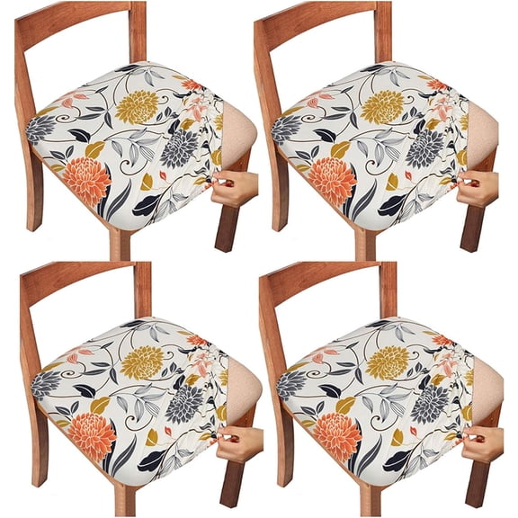Chair Seat Covers,Stretch Printed Chair Covers with Elastic Ties and Button,Removable Washable Dining Upholstered Chair Protector Seat Cushion Slipcovers for Dining Room,Office(Flower,Pack-4)