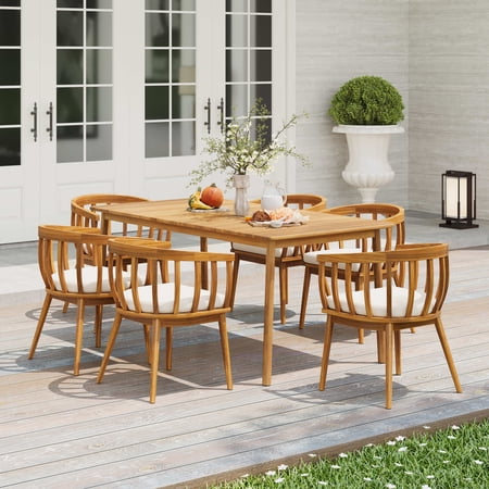 Christopher Knight Home 7-Piece Outdoor Dining Set, Wood Table and 6 Chairs with Curved Backrests, Beige Cushions