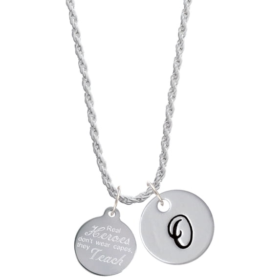Delight Jewelry Stainless Steel Disc Real Heroes Teach Silvertone Script Initial Disc - O - Charm Necklace, 20"+3"