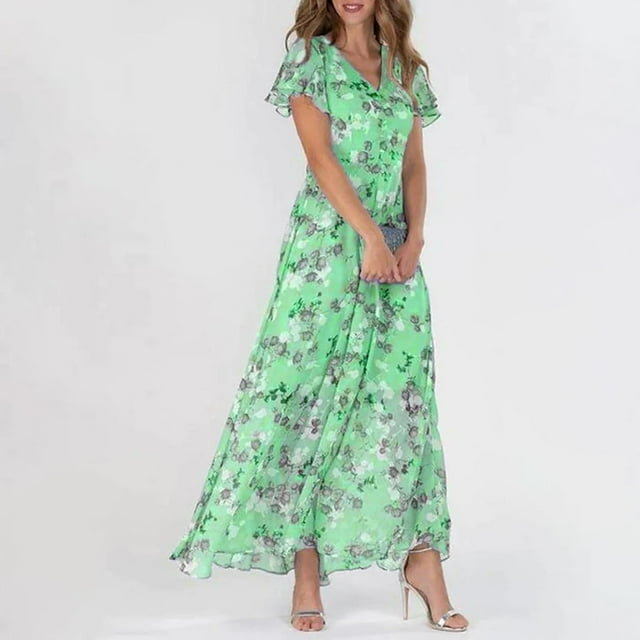 Robe Décontractée Tendance pour Femme Style Évasé Chiffon Floral à Volants Manches Courtes Col en V Taille Fluide Robes à la Mode pour le Quotidien