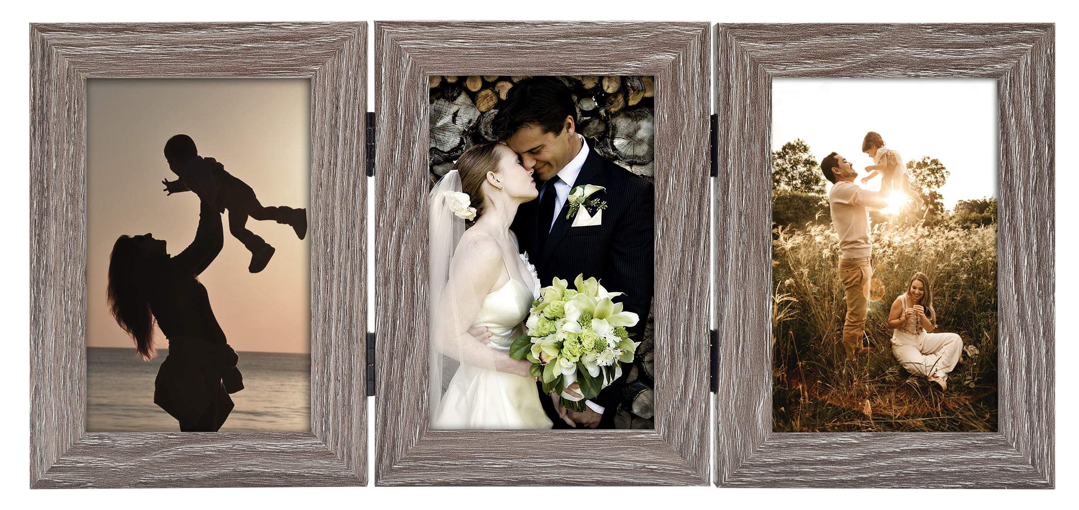 Golden State Art 3-Opening 4x6 Trifold Hinged Desk Top Decor Picture Frame, Grey, 2-Pack