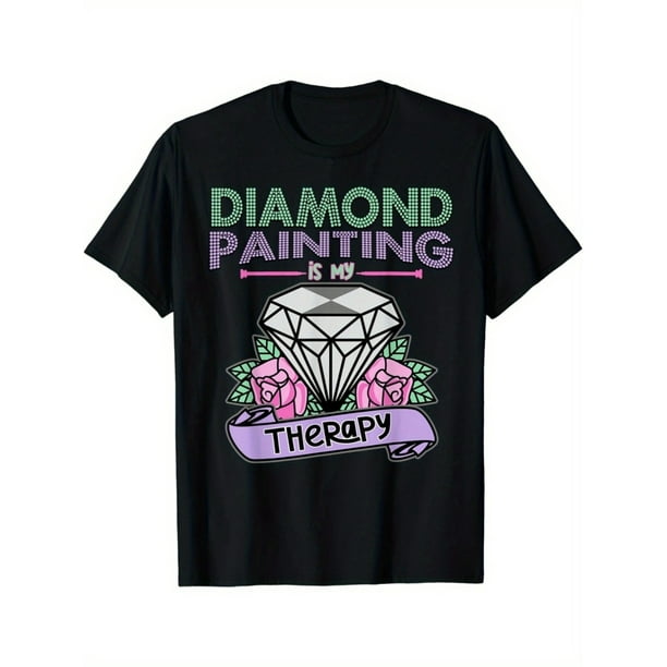 Camiseta gráfica de pintura de diamantes de 1 pieza: diseño "PINTANDO DIAMANTES es mi relajación", 100 % algodón, cuello redondo, manga corta, corte regular, 220 g/m², ropa informal para todas las est