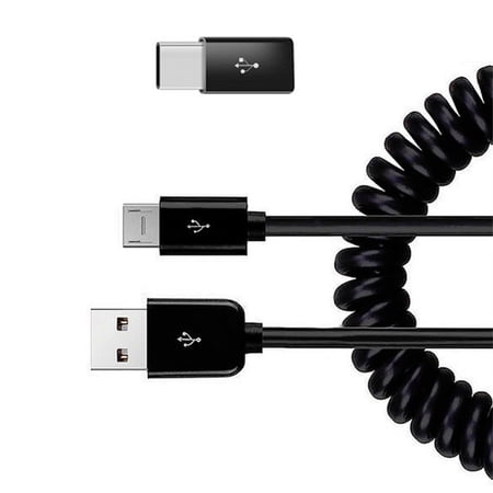 Coiled USB Cable for TCL ION Z/X - Charger Cord Micro-USB to USB-C Adapter Power Wire Sync Black TCL ION Z/X