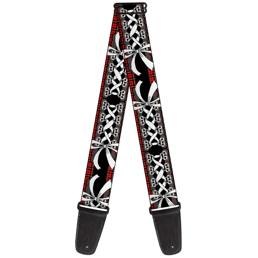 Buckle-Down Guitar Strap, Corset Lace Up Bow Red Plaid Black, 2 Inches Wide