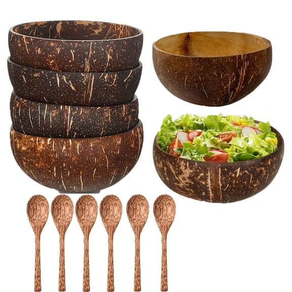 12 Pcs Coconut Bowls with Free Spoons Yahome 13oz Polished Wooden Bowls Coconut Bowls and Wooden Spoon Sets for Salad, Smoothie, Fruit, Natural Rustic Kitchen Decor