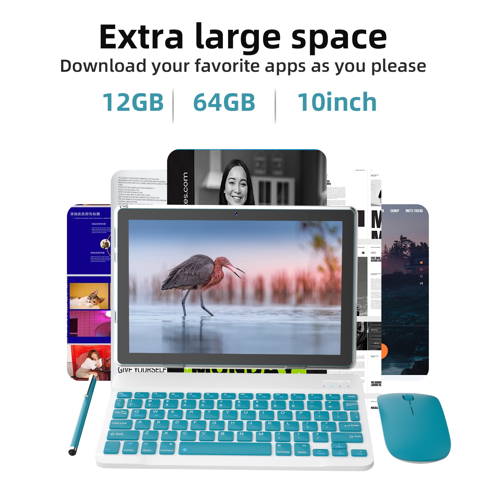 Android 15 Tablet 10 inch, 2 in1 Tablets with Keyboard Case Mouse Stylus, 12GB RAM 64GB ROM 1TB Expand, Quad-Core Processor Tablet PC, 5G WiFi 6, BT5.0, 6000mAh, 1280 x 800 IPS Screen, Navy
