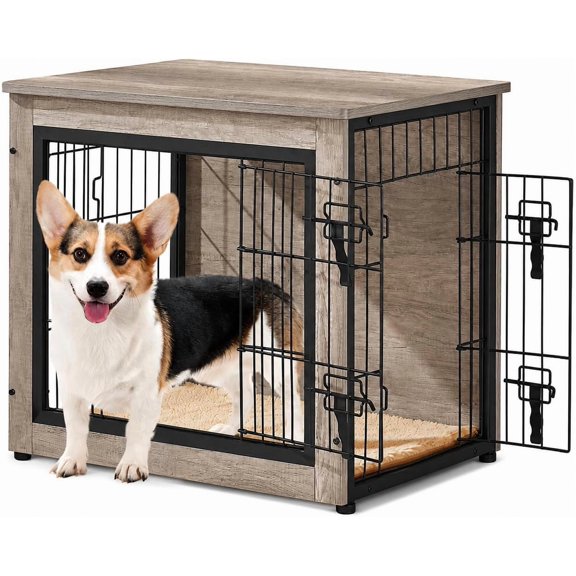 MorandiMal 27.5in Wooden Dog Crate Furniture w/Cushion for Small Dogs, Gray
