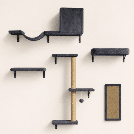 5-in-1 Grey Cat Wall Shelves Climbing Furniture With Mounted Perch & Lounge For Indoor Cats