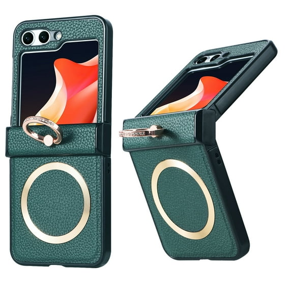 Dteck Case for Samsung Galaxy Z Flip 5,Shockproof Leather Magnetic Mag Safe Case Ring Holder Kickstand Wireless Charging Cover for Galaxy Z Flip 5 5G,Green