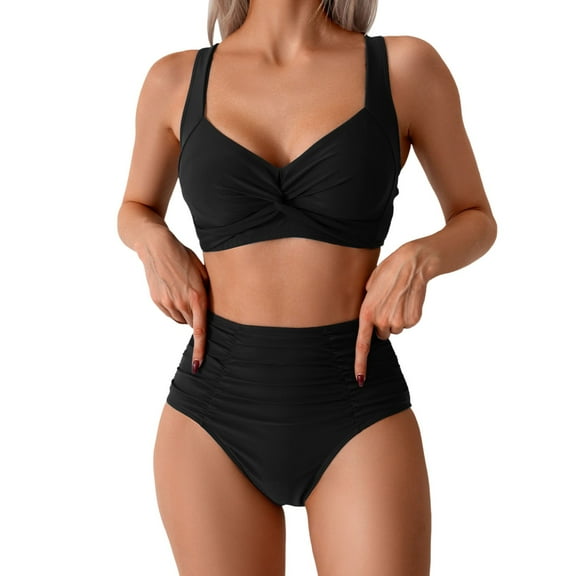 MIXUE Swim Suits for Women Solid Color Sexy Two Piece High Waist Bikini Sets for Women Swimwears Beachwear,Black,S