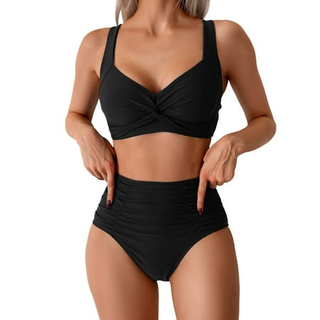 Womens Bikinis Summer Solid Color Spaghetti Strap Bra And Panty Set Sexy High Waist Two Piece Tankini Swimsuits For Women Activewear Black M