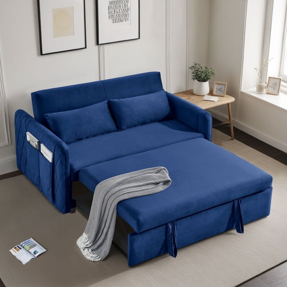 Muumblus Convertible Loveseat Sleeper for Living Room, Modern Upholstered Futon Sofa Bed in Blue