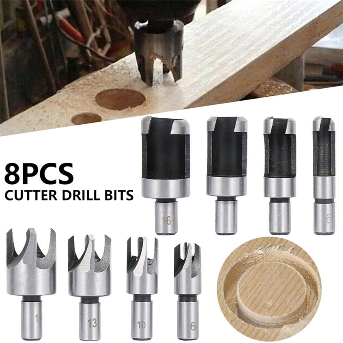 8X Wood Plug Hole Cutter Set Dowel Maker Cutting Tools 10mm Shank Drill Bit Cork 