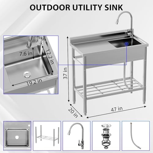 Stainless Steel Utility Sink Freestanding Single Bowl Laundry Sink With Hot/Cold Stainless Faucet Workbench & Storage Stainless Steel Sink for Kitchen and Bathroom Farmhouse Style 47x20x37inch