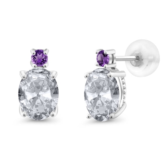Gem Stone King 14k White Gold White Topaz and Purple Amethyst Earrings for Women (2.72Cttw, GemstoneNovember Birthstone, Oval 8X6MM, Round 2.5MM)