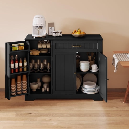 Aiho 42” Coffee Bar Cabinet with Storage, Kitchen Storage Cabinet, Sideboard Buffet Cabinet with 8 Shelves, 1 Drawer - Black