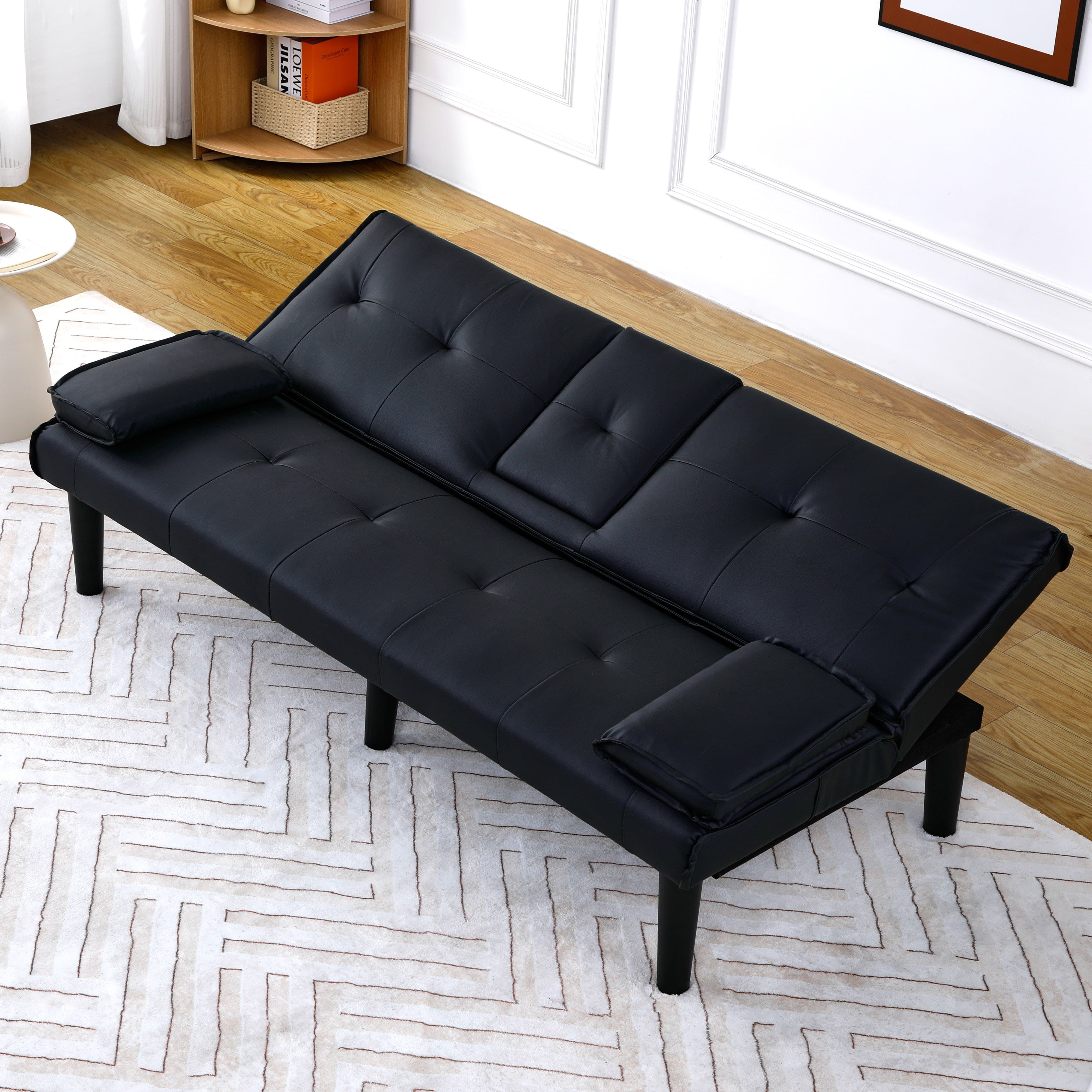 MAYEERTY 67" Convertible Sofa Bed PVC Loveseat Sofa with Cup Holder for Apartment, Living Room, Small Space, Black