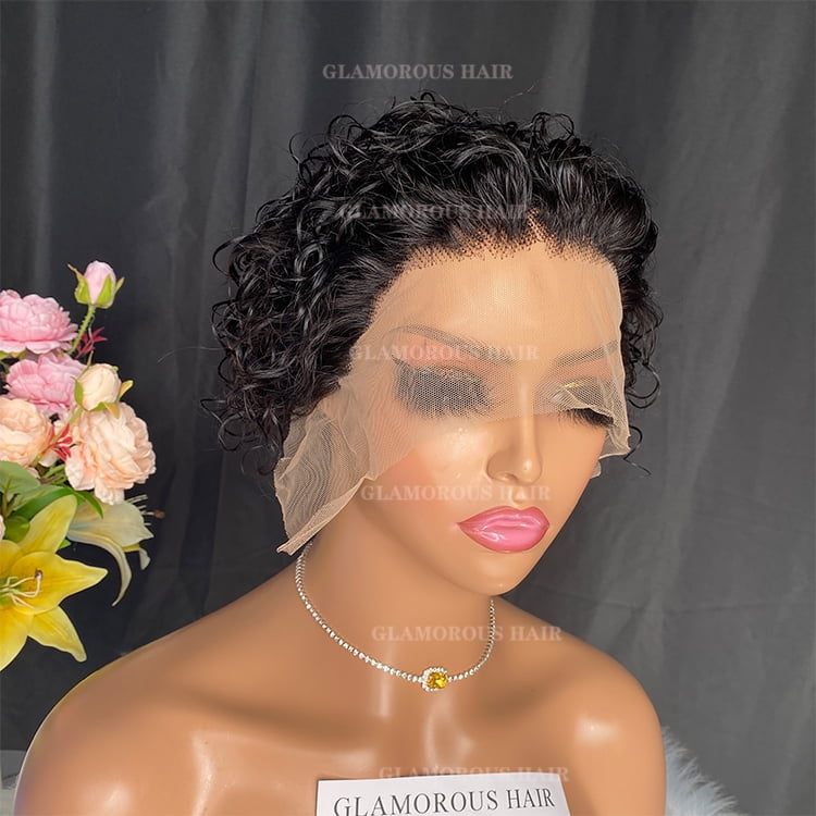 Curly Bob Human Hair Wigs with Bangs Short Rose Glueless Full Machine Made Natural Black Pixie 13x1 Lace Wig