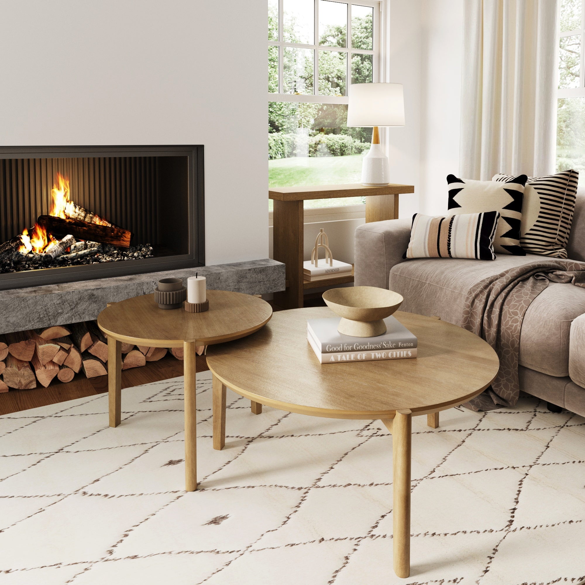 Nathan James Kendall Round Nesting Living Room Coffee Table Set of 2, Stalking Accent Tables with Wire Brushed Finish, Light Brown