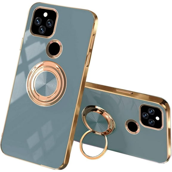 Compatible with Google Pixel 5A Case Silicone TPU Shockproof Google Pixel 5A Phone Case with Magnetic Ring Kickstand Plating Anti-Scratch Cases (Grey)