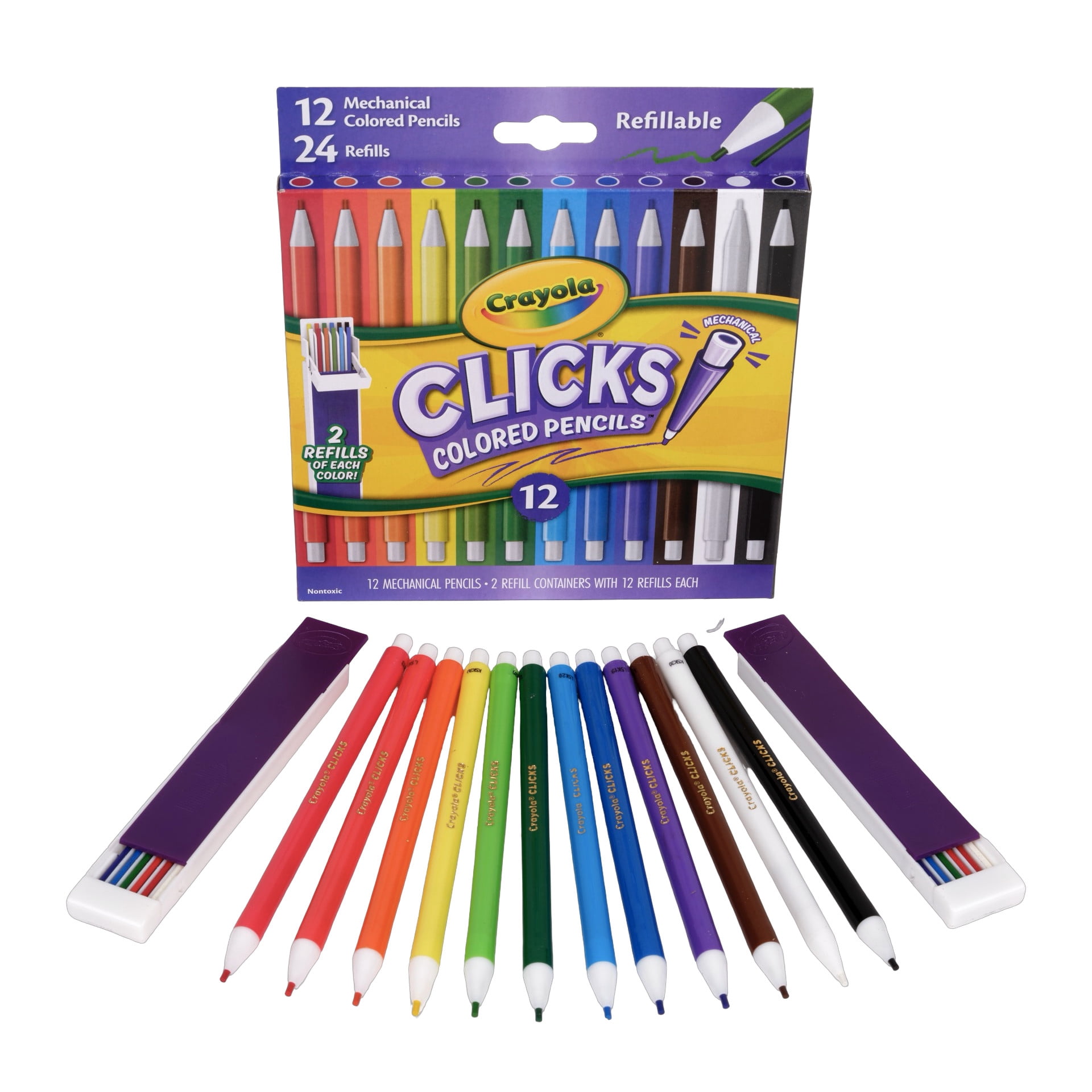 Crayola Clicks 2.0mm Mechanical Colored Pencil Set, 12ct with Replacement Cores, Back to School Supplies, Coloring Pencils, Gift for Teachers and Kids, Ages 6+