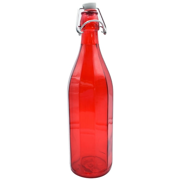 Botella de Vidrio Grueso, Tapa de Goma con Cierre Hermético Reutilizable, Colección Oxford, Envase de Vidrio, Ideal Bebidas Frías Agua, Jugo, Capacidad 1 Litro, Color Roja