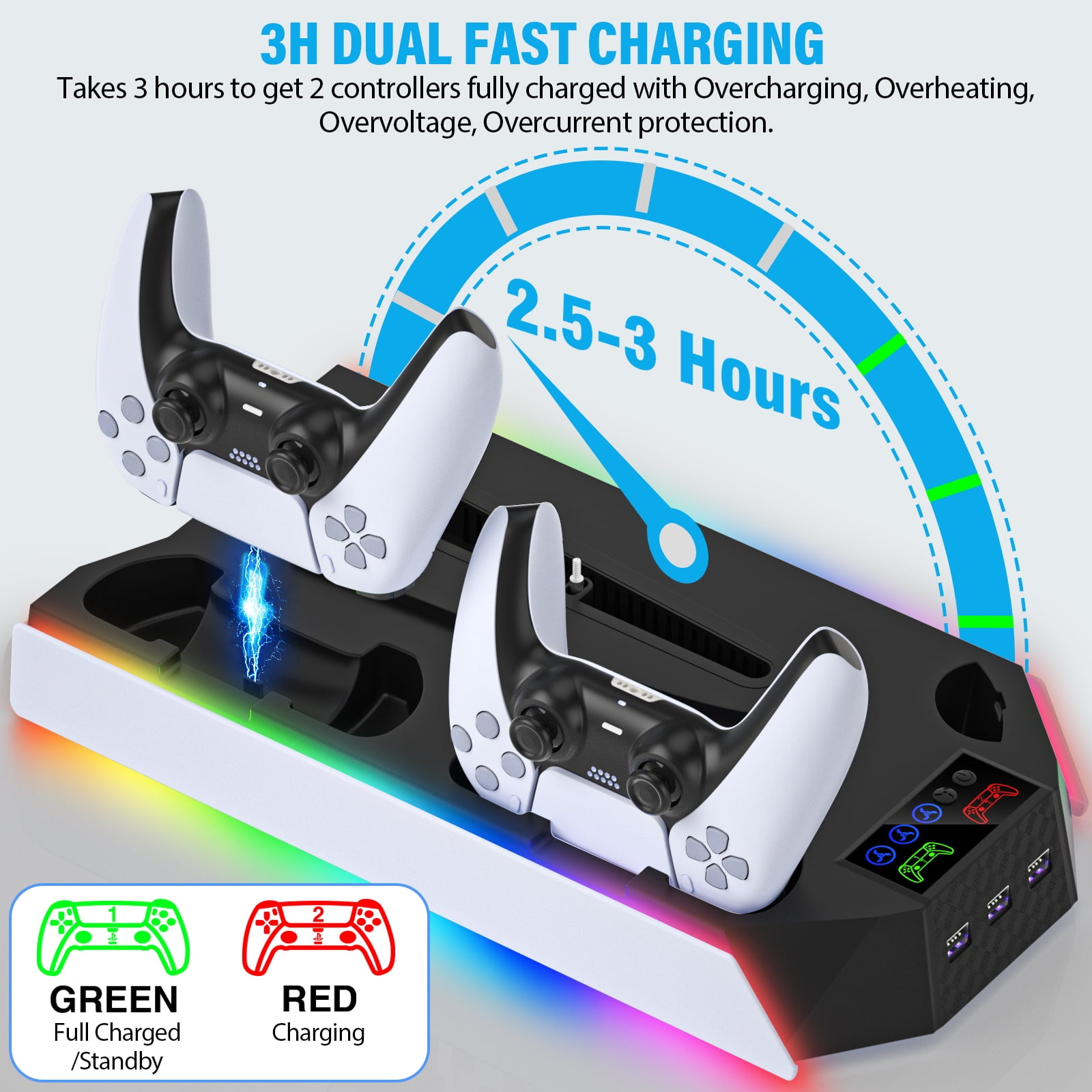PS5 Stand with Cooling Fan,ZRZLMVP PS5 Cooling Station with Dual Controller Charging Station for PS5 Slim/Pro/Standard,3H Fast Charging/3 Speed Airflow/3 USB Ports/3 Lights - Black