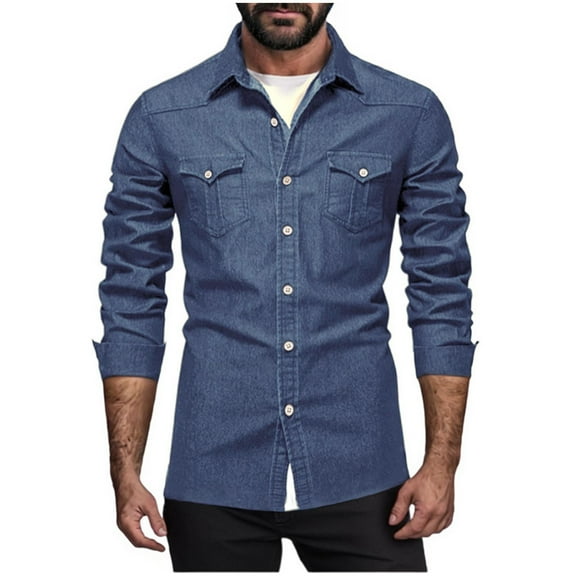 Men Casual Cotton Button Down Denim Shirts Long Sleeve Wrinkle Free Untucked Dress Shirt Lapel Washed Jean Shirts