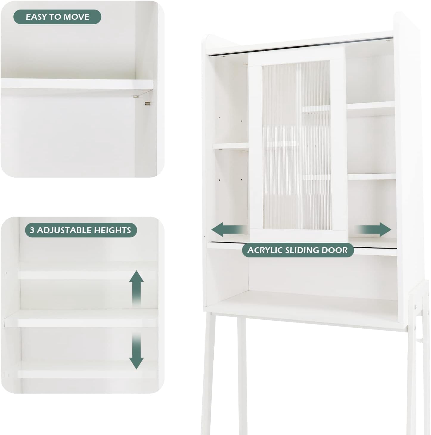 Reliancer Over The Toilet Storage Cabinet with Adjustable Shelves, Bathroom Space Saver Organizer Shelves, Freestanding Space Saver with Acrylic Sliding Door, Metal Frame, White