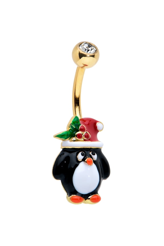 Womens 14G 316L Steel Bright Piercing Clear Holly Hat Penguin Belly Button Ring
