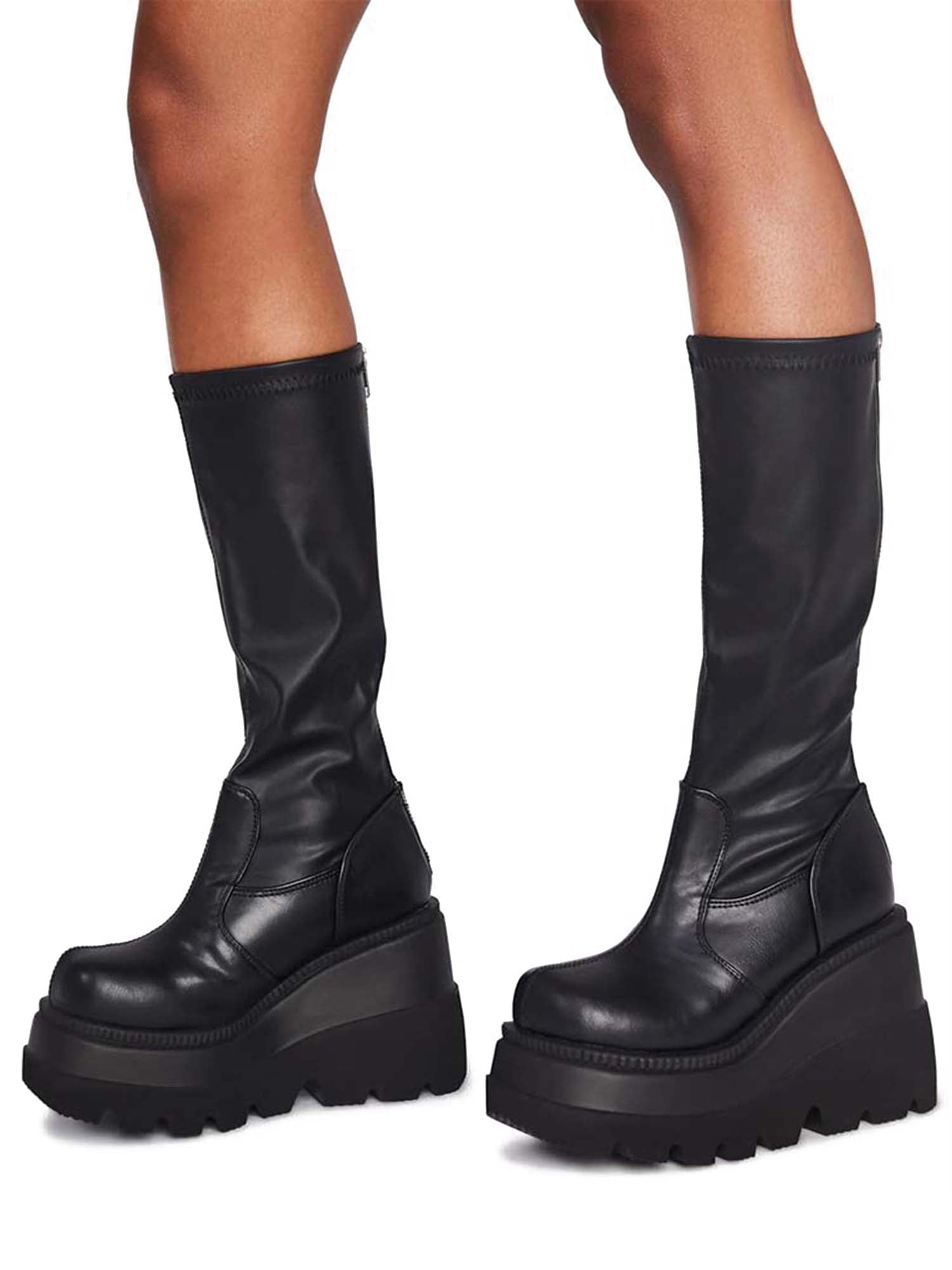 Black Vinyl Iridescent Thick Heeled Mid Calf Boot Sz 6.5 Chili's Sleek Platform Boot 90s NOS Chunky Platform Boots