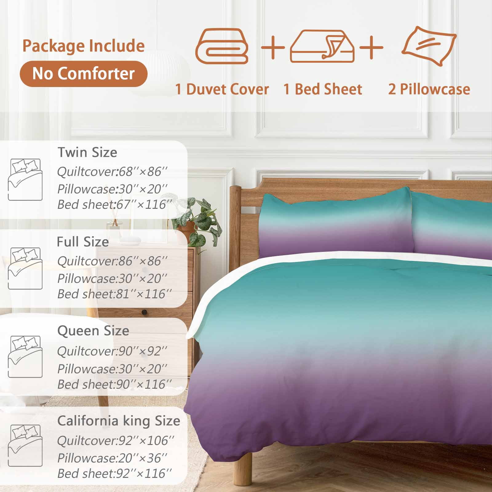 Teal Purple Ombre Duvet Cover Set,Turquoise Gradient Modern Abstract Art Soft Duvet Cover California King Bedding Set 4 Pieces,1 Quiltcover and 2 Pillowcases with Zipper,1 Bed Sheet for All Seasons